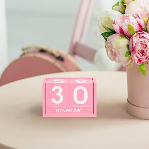 Wooden Block Calendar for Desk, Small Size Daily Desktop Perpetual Desk Calendar, Cute Date Display Desk Accessories for Home Office Decor, Teacher, Classroom, Reusable Yearly, Pink - Image 2