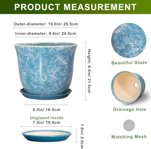 Ceramic Planter - 10 Inch Plant Pot for Indoor Outdoor, Large Round Flower Pots with Drainage Hole and Saucer, Modern Decorative Plant Pots, Garden House Decor, House Warming Gifts, Blue - Image 2