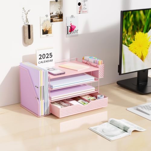 gianotter Wood Desk Organizers and Accessories with File Holder, 4-Tier Desk Accessories & Workspace Organizers with Drawer and Pen Holder, Desk Reference Organizer (Pink, 4T with Drawer) - Image 3
