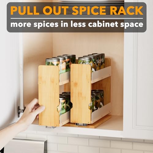 SpaceAid Bamboo Pull Out Spice Rack Organizer for Cabinet, Heavy Duty Slide Out Seasoning Kitchen Pantry Sliding Vertical Organization, 7.3" Wide, 2 Drawers(3" Wide), 2-Tier, Natural - Image 5