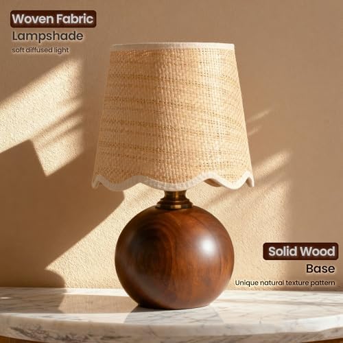 11.4" Boho Wooden Small Table Lamp with Scalloped Wavy Shade - Image 2