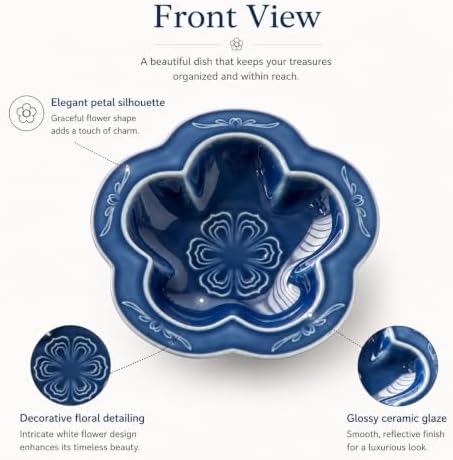 Blue Flower Ceramic Jewelry Dish Tray, Blue Wabi-Sabi Flower Trinket Tray, Glazed Ring Holder Organizer for Earrings Necklace Keys, Minimalist Vanity Decor Catchall Dish, Gift for Women - Image 4