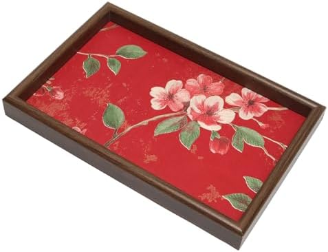 Wooden Valet Tray with Floral Base, Red Vintage Blossoms by Unknown
