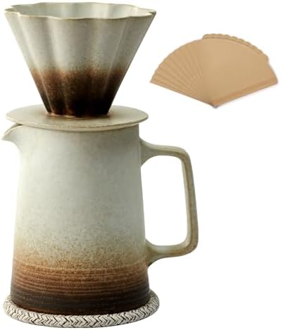 Pour Over Coffee Maker, Ceramic Coffee Dripper with 40pcs V02 Paper Filter & Coaster, 18.2oz/540ml Flower Shape Pour Over Coffee Filter set (Brown Gradient Set) by Unknown