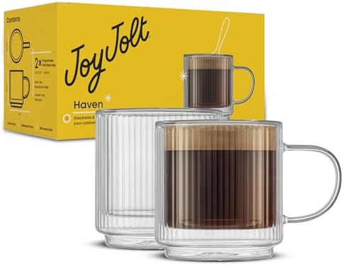 JoyJolt Haven Stackable Fluted Glass Mugs, Set of 2 Ribbed Double Wall Insulated Coffee Cups, 13.5oz Clear Mugs by JoyJolt