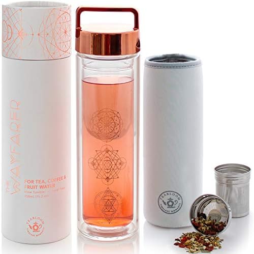 Teabloom All-Purpose Beverage Tumbler – 15 oz / 450 ml Insulated Glass Bottle – Tea, Coffee, Fruit Infused Water – All-Temperature Travel Mug – Stainless Steel Infuser Basket – The Wayfarer Tumbler by Teabloom