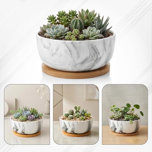 Pastel Marble Inspired 8 Inch Ceramic Succulent Planter with Drainage Hole & Bamboo Tray – Large Wide Round Pot Decorative for Indoor Plants, & Cactus - Image 2