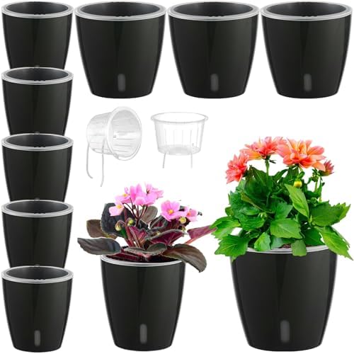 Self-Watering Pots for Indoor Plants, 8-Pack Self Watering Planter with Drainage Holes, Small African Violet Pots with Water Indicator, 5-Pack 5''/3-Pack 6.7'' Orchid Pot, Black by KvyusFlourish