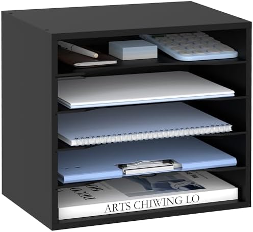 5 Tier Wood Desk Organizer, Mail Sorter and Paper Organizer for Desk, Black by SUPEASY
