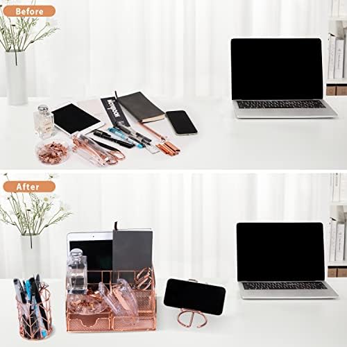 KAAKOW Rose Gold Desk Organizers and Accessories Office Supplies Set Stapler, Pen Holder, Phone Holder, Scissors, Pen, Ruler, 30 Paper Clips, 22 Binder Clip, 20 Tacks and 1000pcs Staples - Image 7