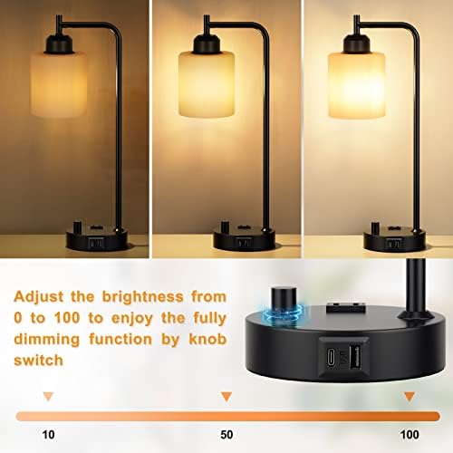 Industrial Bedroom Table Lamps for Bedside - White Opal Glass Shade Desk Lamps with USB C Port, Fully Dimmable Black Lamps with USB Port and Outlet, Reading Nightstand Lamp for Office Living Room - Image 2