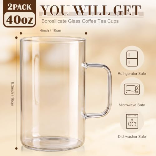 2 Pack 40 oz Extra Large Glass Coffee Mugs Borosilicate Cups with Handle - Image 2