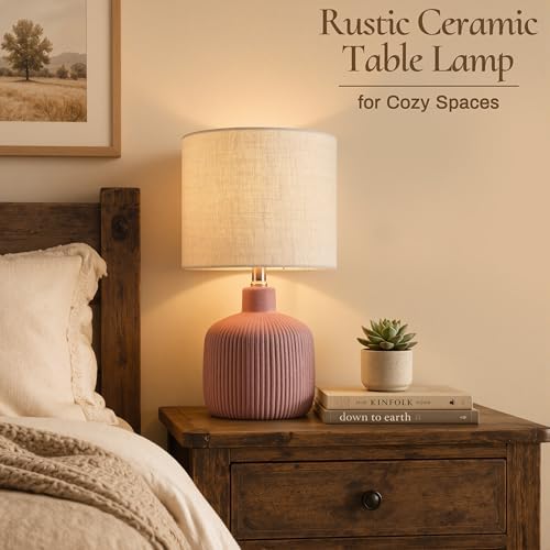 Ceramic Table Lamp, 17.75" Rustic Farmhouse Bedside Lamp with Beige Linen Shade, Warm Ambient Nightstand Lighting for Bedroom or Living Room, Painted Terra - Image 2