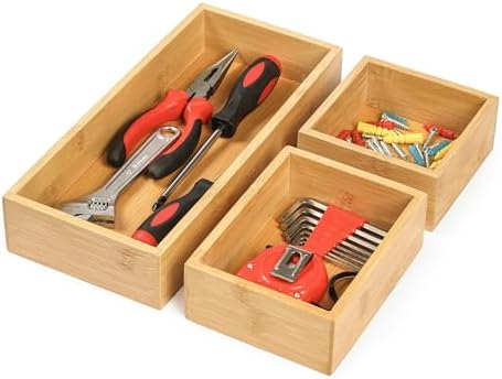 Vincona Bamboo Drawer Organizers Set, 3PCS Multi-Use Wood Storage Organizers, Desk Drawer Tray for Kitchen, Bathroom, Office, Dresser, Bamboo Box Bin for Jewelry, Makeup, Junk, Gadgets by Vincona