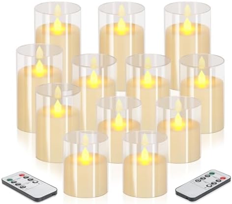 wemarry Flameless Candles 4" 5" 6" Acrylic Glass Pillars 3" Diameter Battery Operated Flickering Candles Include 8-Key Remote with Timer Function 400+ Hours (Pure White, Warm Light 12 Pack) by wemarry