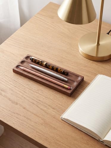 Horizontal Pen Holder For Desk,Pen Tray,Wood Desk Pen Holder,Desk Top Pen Display,Teacher Gifts,Suitable For School,Home,Office Desktop Art Accessories (Walnut-3 Grid) - Image 4