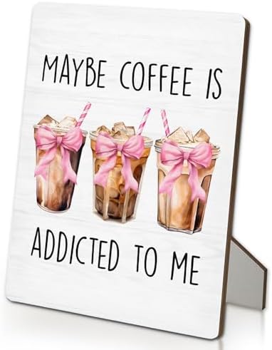 Coffee Bar Sign, Coquette Pink Bow Coffee Wooden Stand Sign 5"X7", Ice Espresso Signs Decorations for Cafe Coffees Station Shop Home Kitchen Table Desk Decor(5x7 Inch) by Unknown