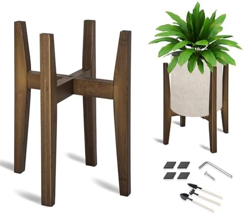 OERGKE Adjustable Plant Stand, Bamboo Mid Century Modern Indoor Plants Stands, Corner Flower Holder for Living Room, Fits 8 to 12 Inches Pots, (Pot & Plant Not Included)(Walnut, 1 Pack) by OERGKE