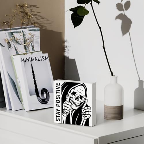 Inspirational Skeleton Man Wooden Box Sign Plaque Stay Positive White Wood Box Sign Rustic Art Home Office Shelf Desk Decor 5 x 5 x 1.2 Inches - Image 4