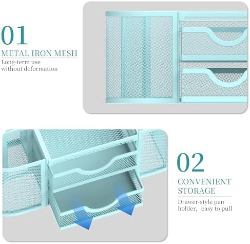 SUPEASY Mesh Desk Organizer, Pen Holder for Desk with 2 Drawers, Blue - Image 5