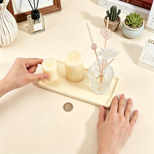 Bathroom Tray Countertop 8.3"x4" Rectangle Ceramic Vanity Tray for Bathroom Counter Decorative Dresser Jewelry Perfume Organizer Tray for Cosmetics Rings Necklaces Earrings (Yellow) - Image 3