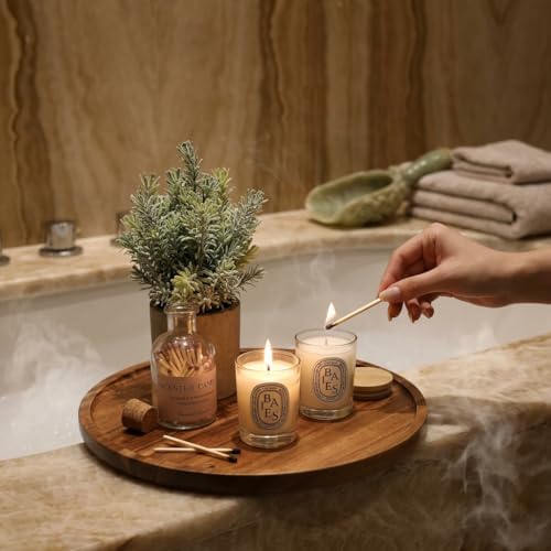 9.8 Inch Round Wood Tray for Coffee Table, Rustic Candle Holder Tray Home Decor, Small Wooden Serving Tray for Living Room, Decorative Farmhouse Centerpiece for Kitchen Counter - Image 4