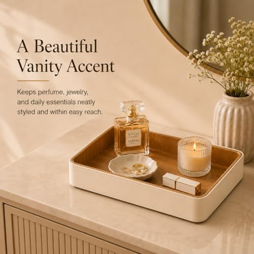 GORESE Rectangle Perfume Tray for Dresser, PU Leather Jewelry Tray for Vanity, Cream White & Wooden - Image 3
