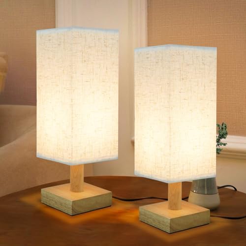 SEENSINY Small Bedside Table Lamps Set of 2, Minimalist Nightstand Lamp Set of 2 with Square Fabric Linen Shade, Mini Reading Night Stand Desk Lamp Set for Bedroom, Living Room, Office 4.3in by SEENSINY