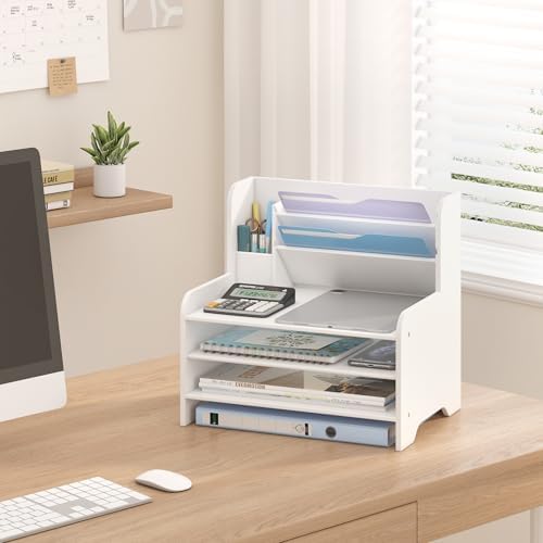 Bamboo File Organizer for Desk, Paper Tray with Pen Holder-White - Image 3