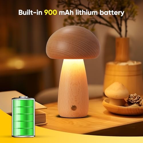 LONRISWAY Wooden Mushroom Lamp for Bedroom, Portable Cordless Small Rechargeable Battery Operated Lamp,Stepless Dimming, Night Light for Birthday Gifts - Image 4