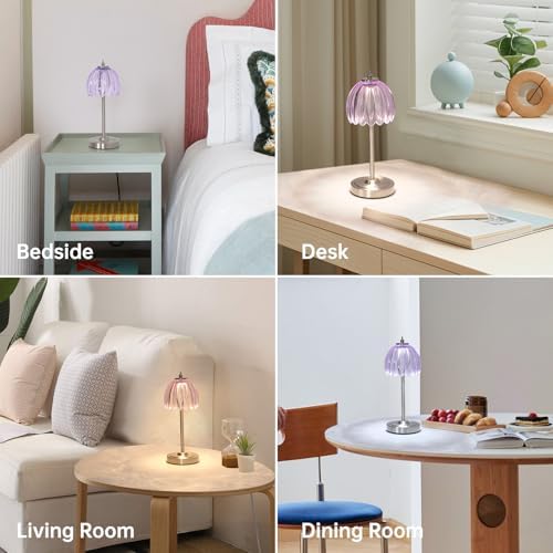 Shenmoyl Tulip Table Lamp with 5200mAh Battery & Touch Control, Cordless Small Table Lamp with 3 Colors, Dimmable Rechargeable Table Lamps for Living Room, Bedroom, Desk, Bedside (Clear Purple Tulip) - Image 5