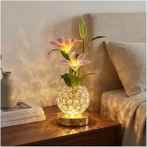 Stargazer Lily Flowers Crystal Table Lamp, Rechargeable Touch Night Lamp by MMHFSolarLightsOutdoor