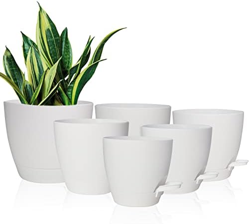 Vanslogreen Planters for Indoor Plants, 8/7/6.5/6/5.5/5 Inch Self Watering Planters with Drainage Hole, Plastic Planters Flower Pots for Indoor Outdoor Plants (Matte White) by Vanslogreen