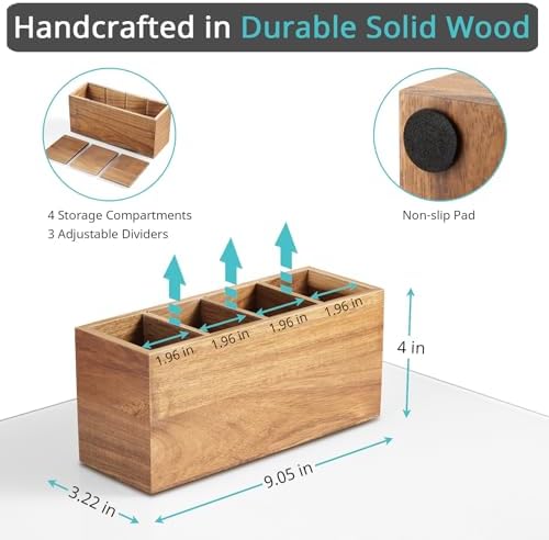 Bivvclaz Pencil Pen Holder for Desk, Acacia Wood Office Desk Organizers and Accessories with 4 Slots for Countertop, Makeup Brush Holder Organizer for Bathroom Vanity, Silverware Caddy for Party - Image 2