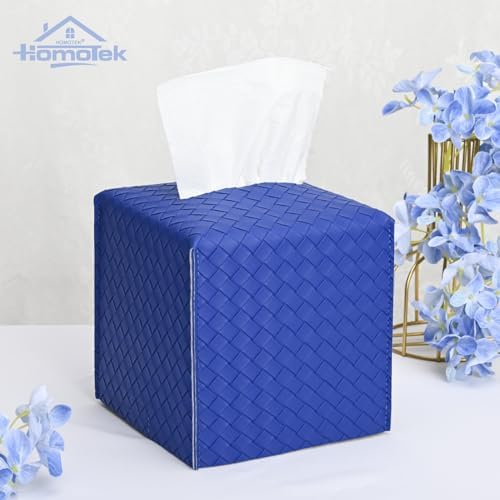 HOMOTEK 2 Pack Tissue Box Cover, Square PU Leather Tissue Holder, Decorative Facial Tissue Cube Paper Organizer Dispenser for Bathroom, Night Stands, Desk, Car 5X5X5'' - Woven Waffle,Blue - Image 4