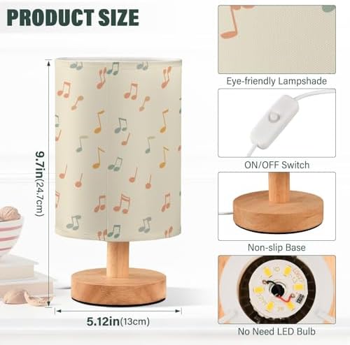 Fustylead Simple Music Note Bedside Table Lamp with USB Port for Bedroom, LED Nightstand Lamp with Round Wood Base Linen Shade for Bedroom Kids Room Living Room Dorm Office - Image 3