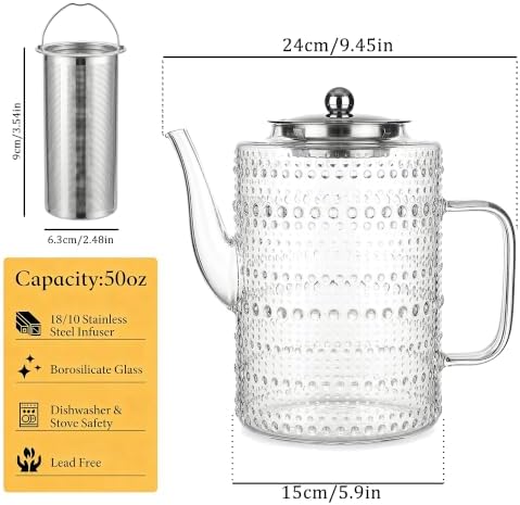 1500ml/50OZ Glass Teapot with Removable Infuser, Stovetop Safe, Large Tea Kettle, Borosilicate Glass Blooming and Loose Leaf Tea Maker Set - Image 4