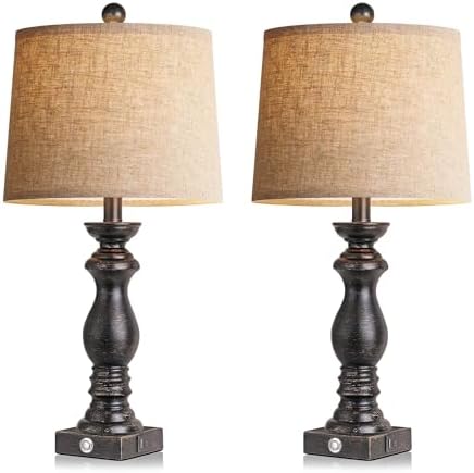 24.5" Table Lamp Set of 2, Rustic Farmhouse Bedside Lamps with USB A+C Charging Ports, 3-Way Dimmable Touch Control Nightstand Lamps for Living Room Bedroom, Antique Black, LED Bulbs Included - Image 2