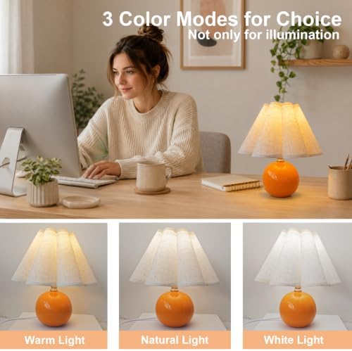 Small Ceramic Table Lamp, 11.5'' Cute Scalloped Lamp (Orange) - Image 3