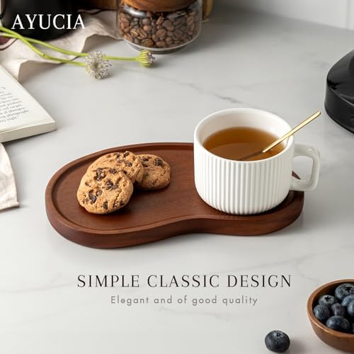 Pretty Ceramic Coffee Cup with Solid Wood Plate Set for Tea/Coffee Break, 8OZ White Cappuccino Cup with 9.4inch Acacia Serving Saucer and Spoon for Latte Dessert Breakfast - Image 2