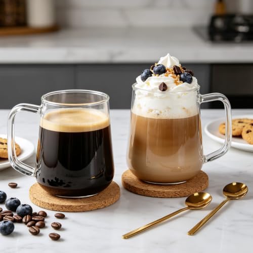 Glass Coffee Mugs with Spoons, 18 oz Glass Coffee Cups Set of 2, Clear Borosilicate Glass Mugs with Handles for Cappuccino, Tea, Latte, Hot/Cold Beverages, Wine, Americano - Image 6