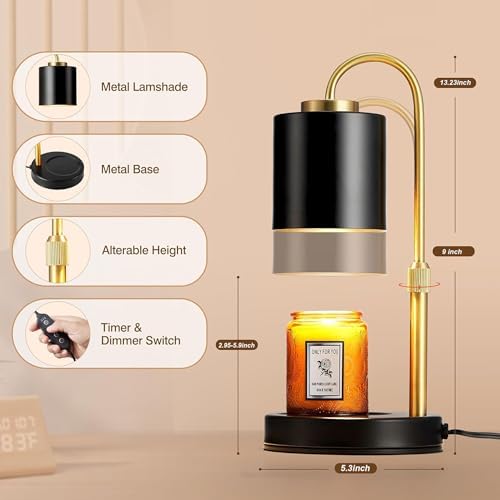 CASTLELIFE Dimmable Candle Warmer Lamp with Timer, Height Adjustable Candle Warmer for Jar Candles, Electric Wax Melt Warmer for Home Decor House Warming Gifts, Birthday Gifts for Women Black Gold - Image 2