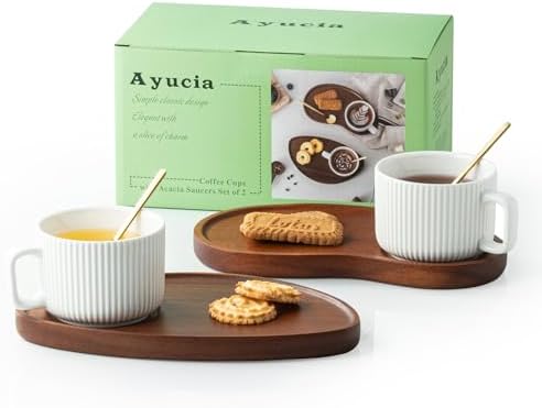 Pretty Ceramic Coffee Cups with Solid Wood Plates Set of 2 for Tea/Coffee Break, 8OZ White Cappuccino Cups with 9.4inch Acacia Serving Saucers and Spoons for Latte Dessert Breakfast by AYUCIAPremiumCeramic
