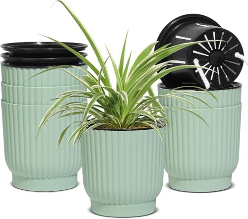 T4U Self Watering Pots for Indoor Plants, 4.5 Inch 6 Pack Planter Green by T4U