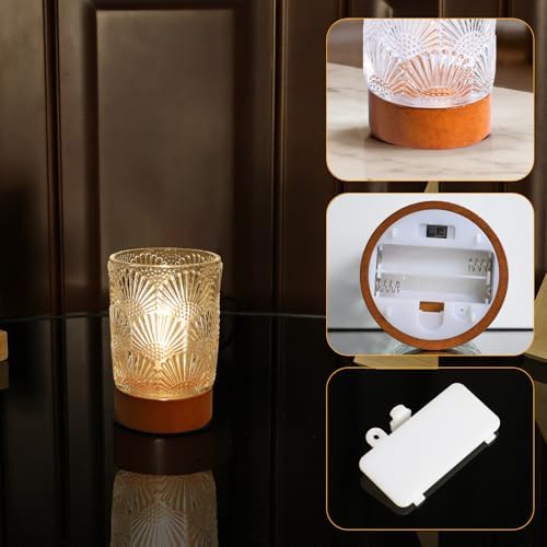 Battery Operated Night Light with Timer, Aesthetic Cordless Battery Powered Decorative Glass Lamp,Small Cozy Nightlight for Dorm,Mini Lamps for Nightstand,Bathroom,Bedroom,Warm (Fan-shaped pattern) - Image 4