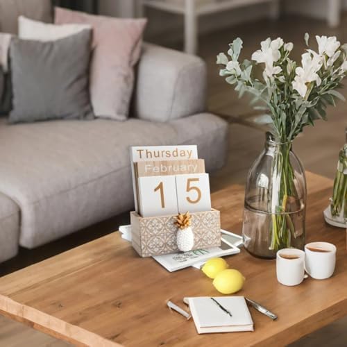 Notakia Vintage Wood Block Perpetual Calendar Month Week Date Display for Home Office Desk Rustic Decoration, Brown pineapple - Image 2