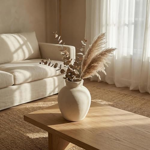 Rustic Terracotta Pot, Off-White Ceramic Flower Vase 6.1 Inch, Farmhouse Boho Centerpiece for Home Decor, Living Room, Table, Shelf, Mantel & Bathroom - Image 2