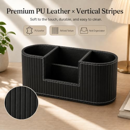 KINGFOM Modern Leather Desk Organizer for Men & Women, Aesthetic Office Desk Accessories Organizer, Faux Leather Vanity Organizer for Pens, Makeup Brushes, Remote Controls, Black Minimalist Desk Decor - Image 4
