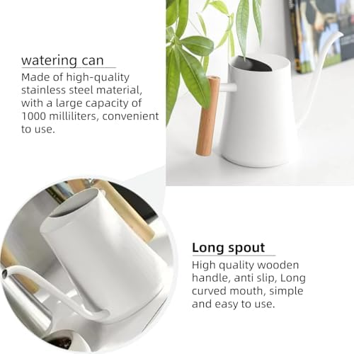 Indoor Watering Can with Long Spout, 34oz Capacity, White Metal with Wood Handle (White-W1) - Image 5