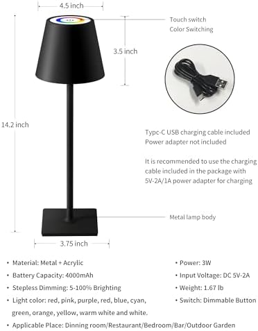 KDG 2 Pack Cordless Black Table Lamps, RGB Color Stepless Dimming Desk Lamp - Image 5